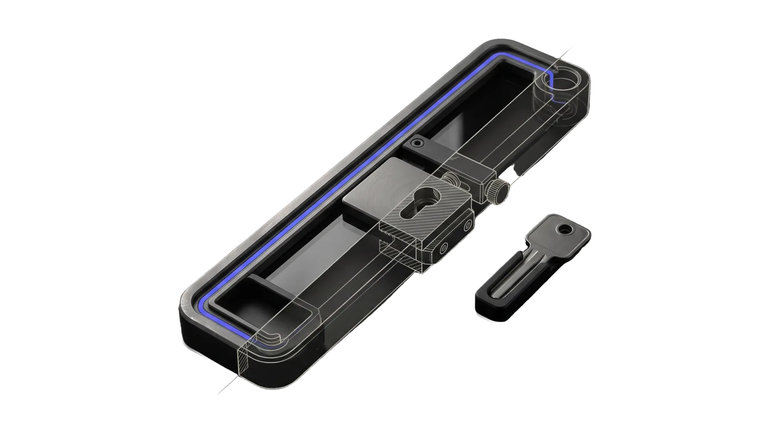 A long milled tray frame holding a key-slotted lock carriage on a rail with a clamped stop bar above it and a separate key resting beside it, cut diagonally so the far end and ring outlet are drawn as ghosted outlines, with an indigo channel running along the frame through the lock to the outlet.