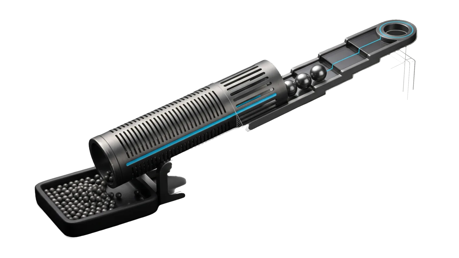 A long perforated drum tilted up on a stand, many small beads falling through its fine slots into a tray below while three large polished beads ride out of the open end onto a three-step rail ending in a ring; a cyan line runs along the drum and up the rail, with a ghosted support past a diagonal cut.