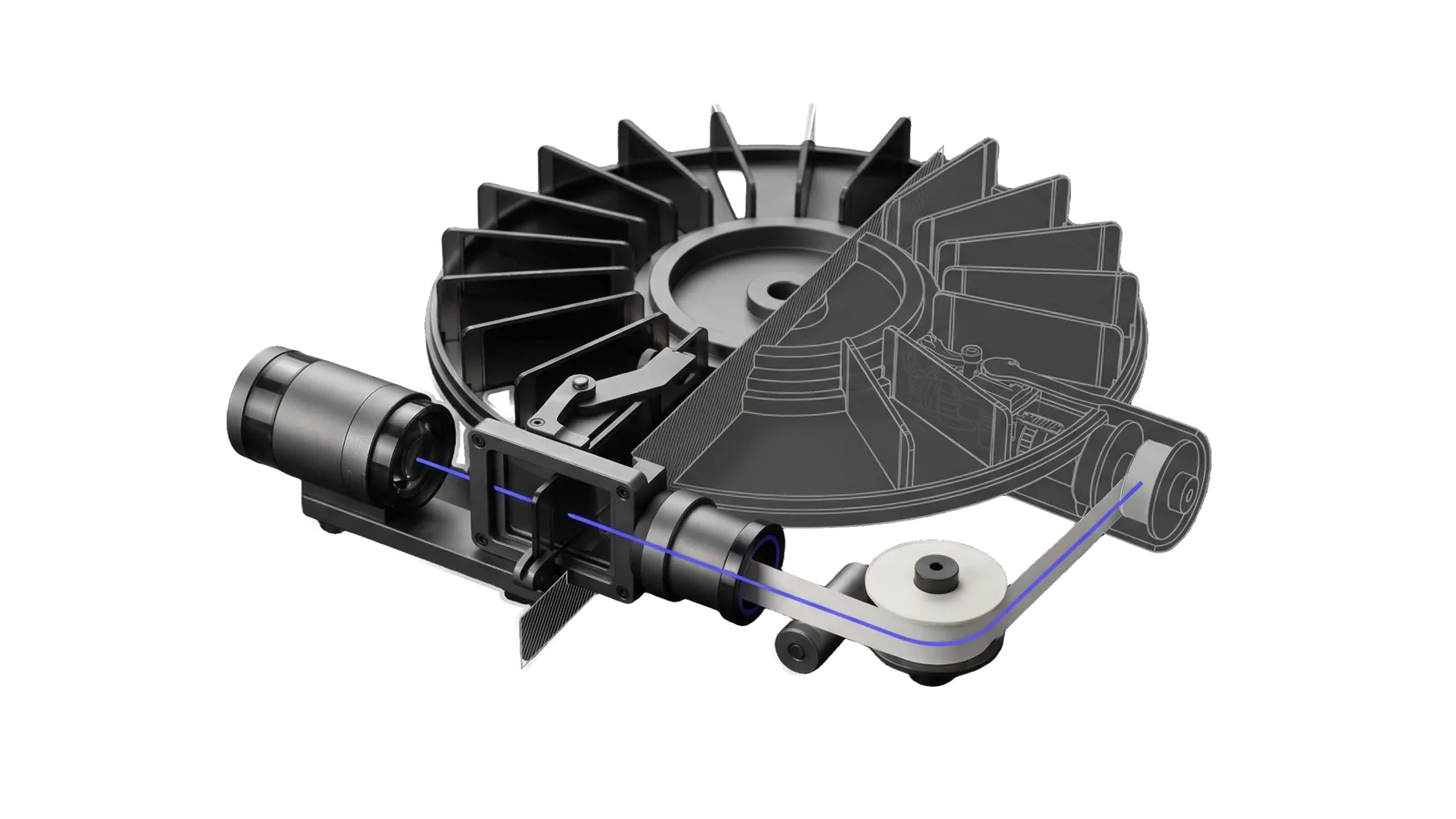 A round carousel tray of thin dark plates with one plate pushed forward into a gate frame between a lamp housing and a lens barrel, a pale strip winding over a roller onto a take-up spool, the far half of the carousel drawn in bone-grey outline past a diagonal cut, and an indigo line running from the lamp through the plate and lens along the strip to the spool.