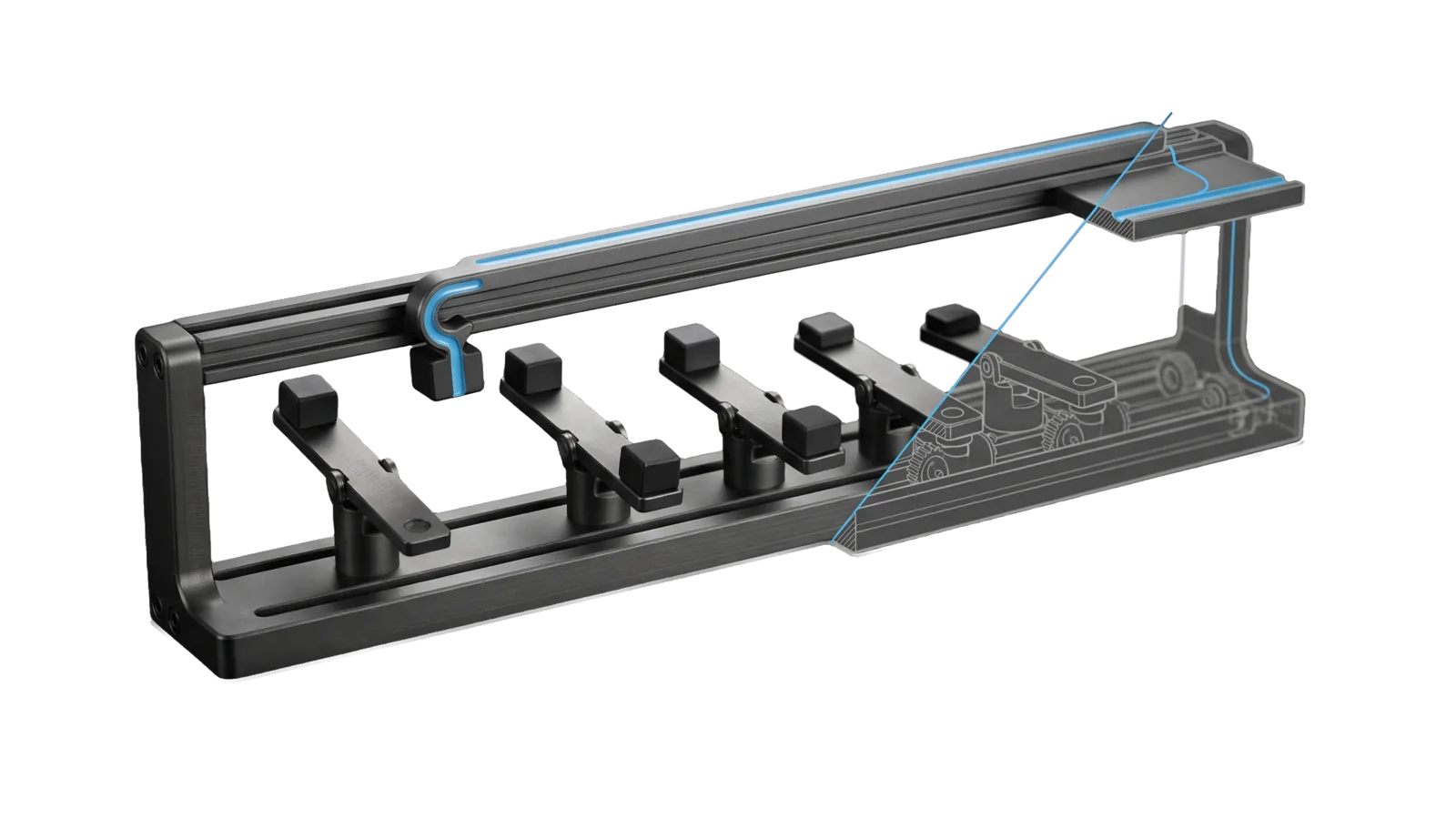 A rail frame carrying five pivoting balance arms with blocks at different tilts under a gantry whose hook lifts the heaviest block toward a raised shelf, cut diagonally so the last arms and the shelf are drawn as ghosted outlines, with a sky-blue line running along the gantry from the hook to the shelf.