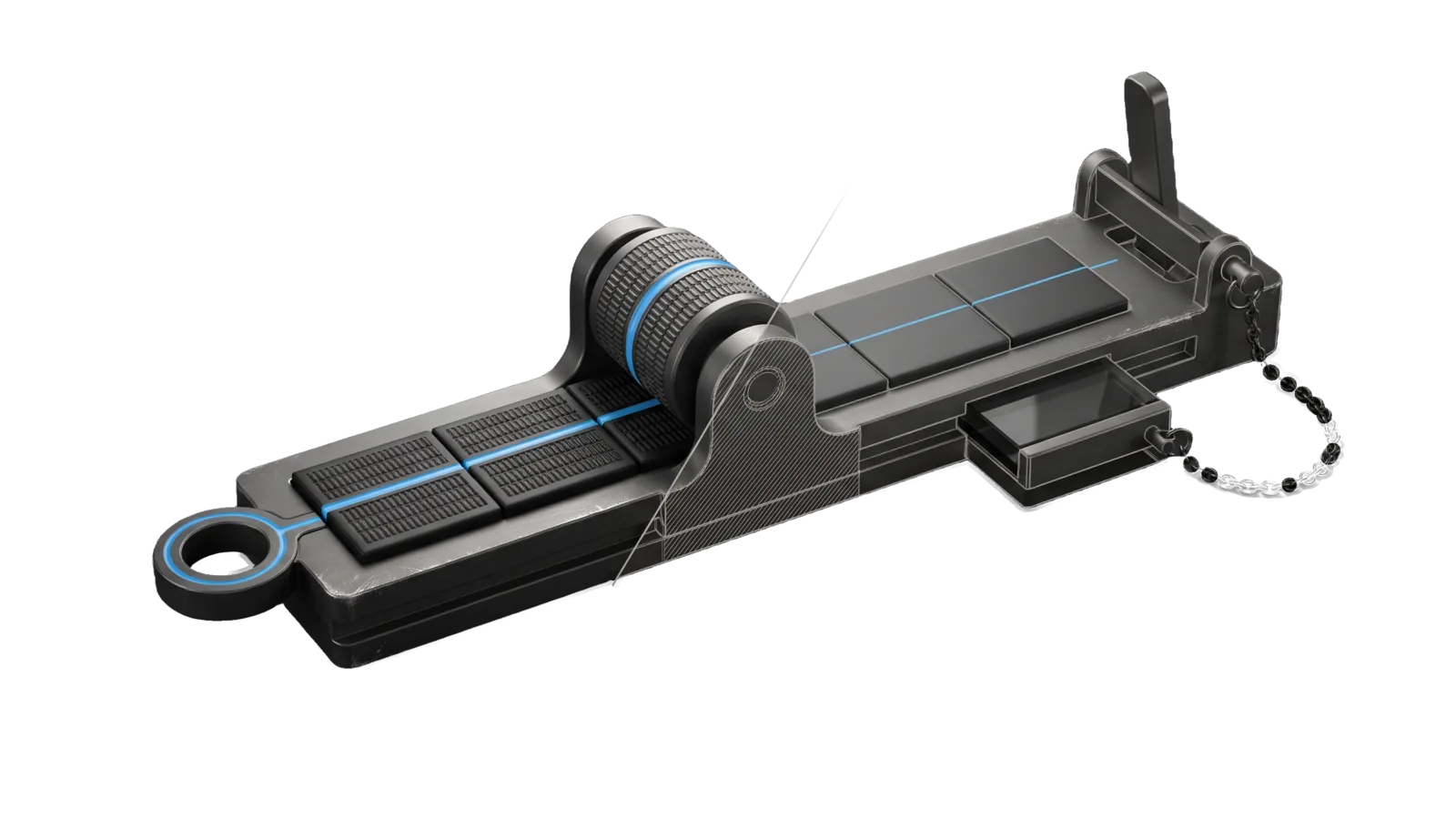 A long machined bed holding a strip of six tiles, a knurled signet roller in a cradle having imprinted the same ridged pattern into the first three while the last three stay smooth, a locked guard bar over a reset lever with a chained backup cassette; a diagonal cut ghosts the far end in bone-grey outline, and a sky-blue line runs from the roller along the tiles into a ring terminal.