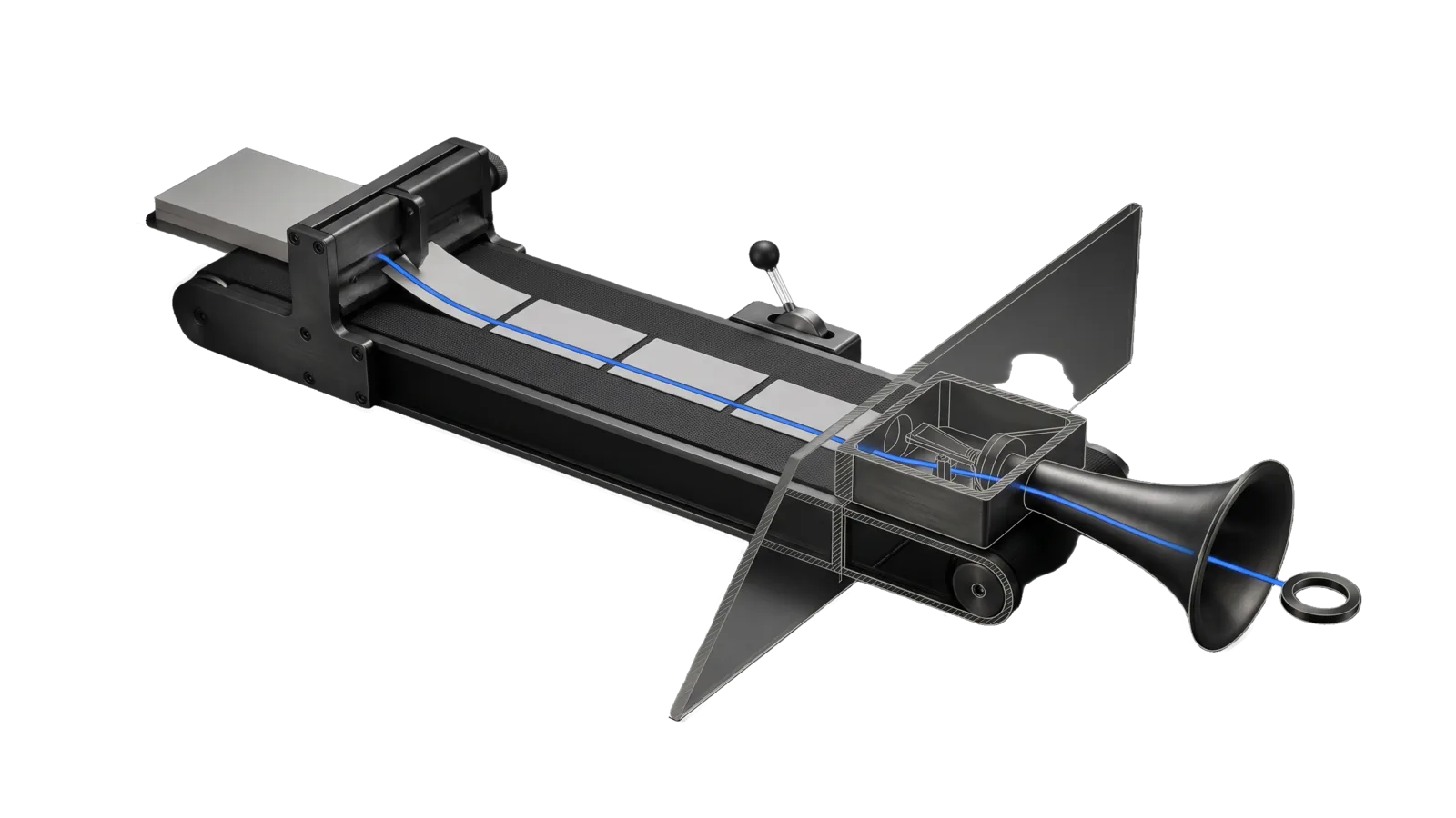 A long dark conveyor with a stack of blank sheets feeding a cutter, a row of cut segments riding the belt toward a voicing chamber and a flared horn, and a small lever with a ball grip beside the belt; a diagonal glass plane cuts through the chamber so its internals are drawn in bone-grey outline, and an electric-blue line runs from the cutter along the segments and out through the horn to a ring.