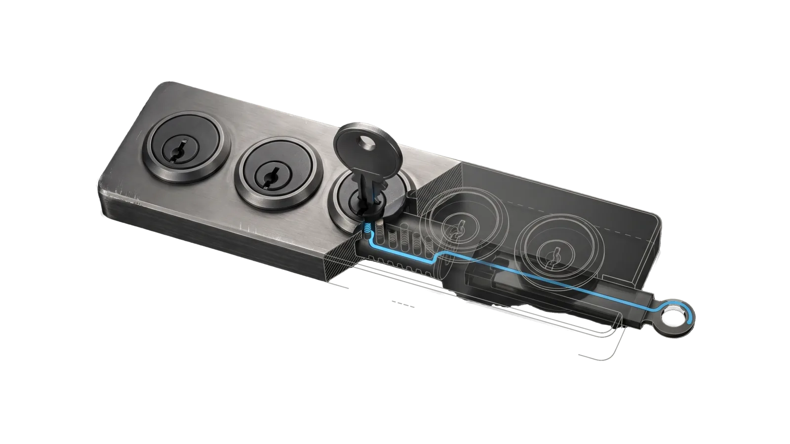 A wide milled bar carrying a row of five barrel lock cylinders with a toothed key inserted in the third, cut diagonally so the last two cylinders and the extended latch bolt ending in a ring are drawn as ghosted outlines, with a sky-blue line running from the key's teeth up the aligned pins along the latch bolt to the ring.