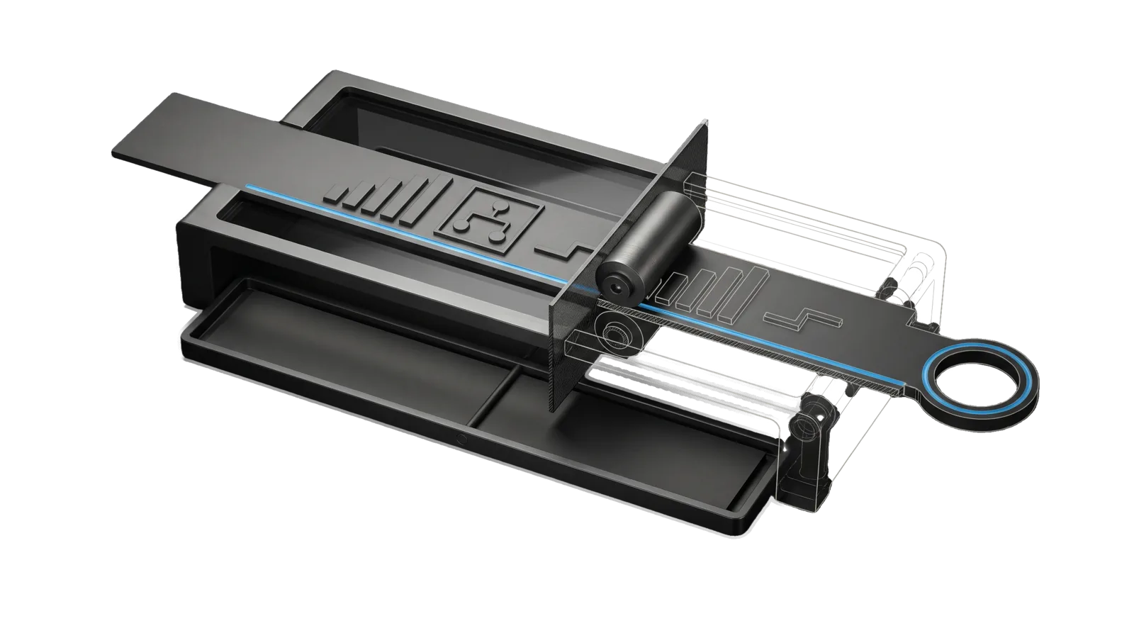 A blank graphite strip passes under an embossing roller and comes out with raised bar, branching-box and step shapes toward a ring terminal, beside an untouched copy lying in a shallow tray; a glass section pane cuts the machine, and a sky-blue line runs along the strip.