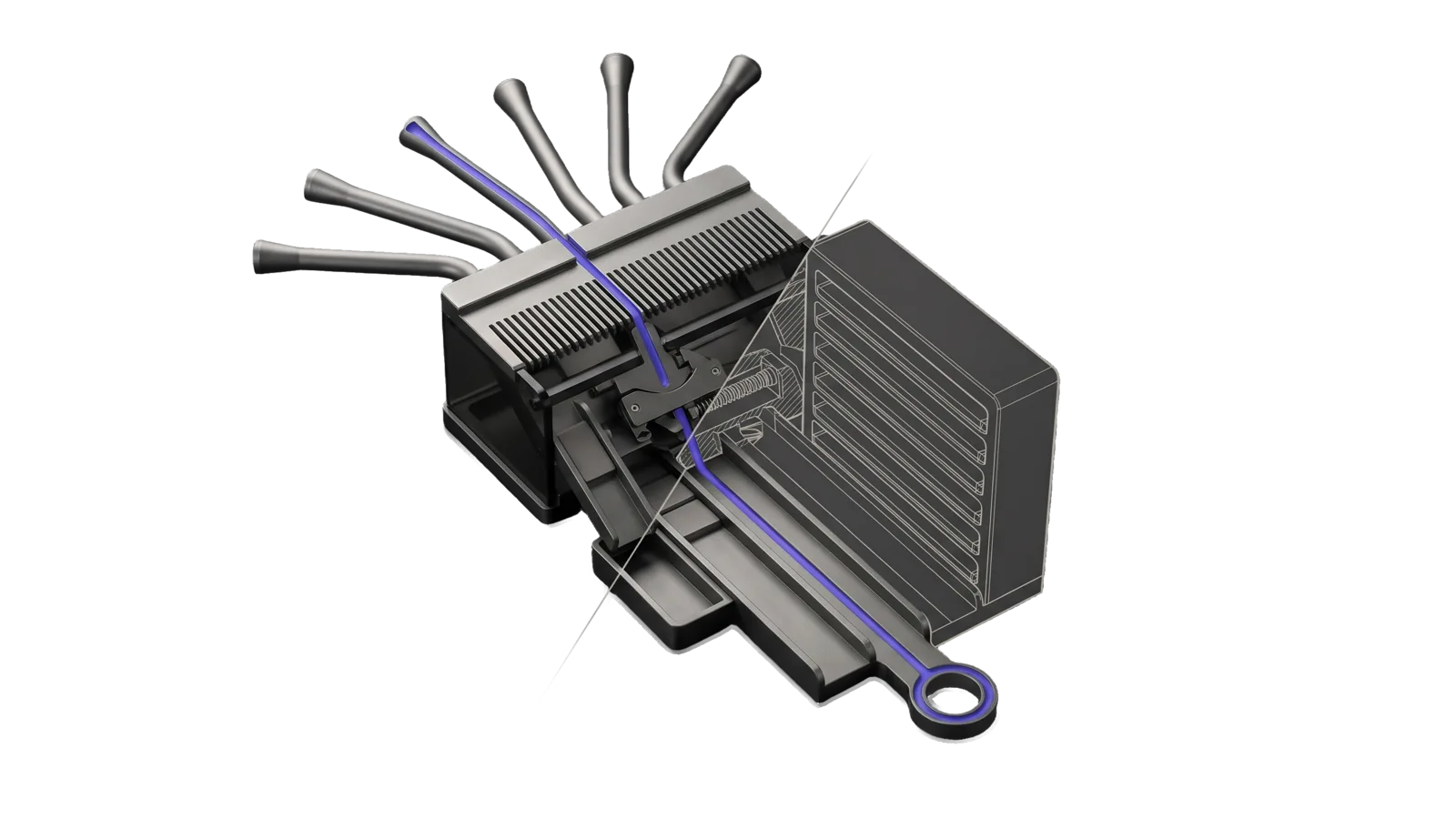 Six flared tubes fan in onto a fine-toothed comb above a sprung gate, with a tall ribbed rack of sealed slots drawn as ghosted outline behind a diagonal cut; an indigo line runs from one tube through the comb and gate down a long lane to a ring terminal.