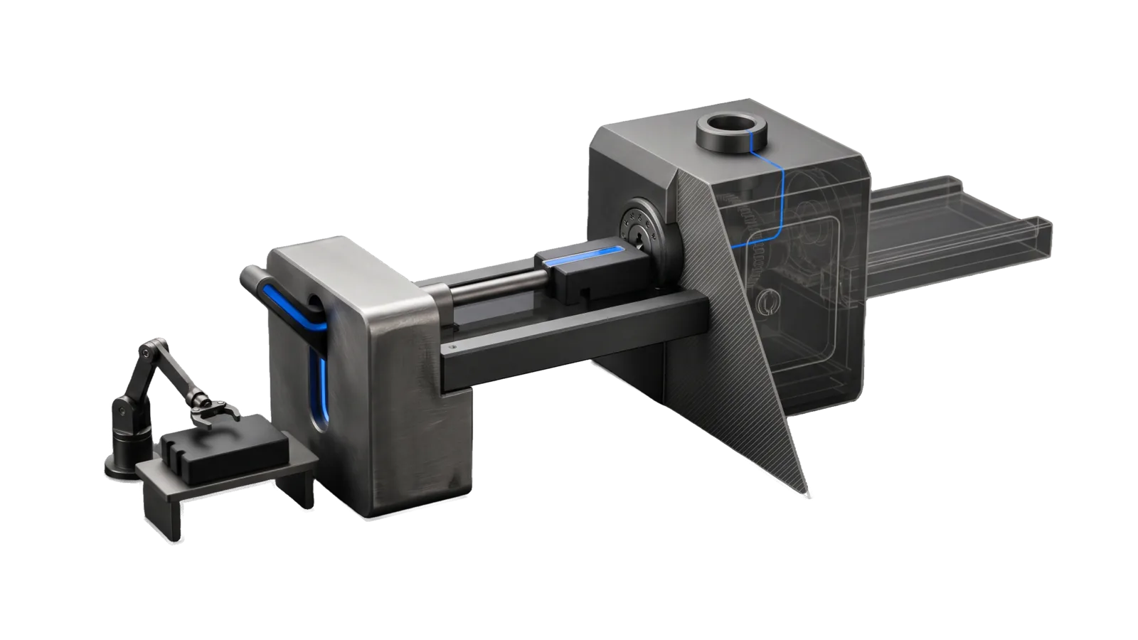 A bridge span between a plain lever bank and a sealed vault block with a round keyed lock port, one notched cassette on the deck pushed by a sliding rod, and a small build arm holding a second blank cassette on the left bank; a diagonal hatched cut ghosts the vault's chamber in bone-grey outline, and an electric-blue line runs from the lever along the deck into the lock port and up to a ring.