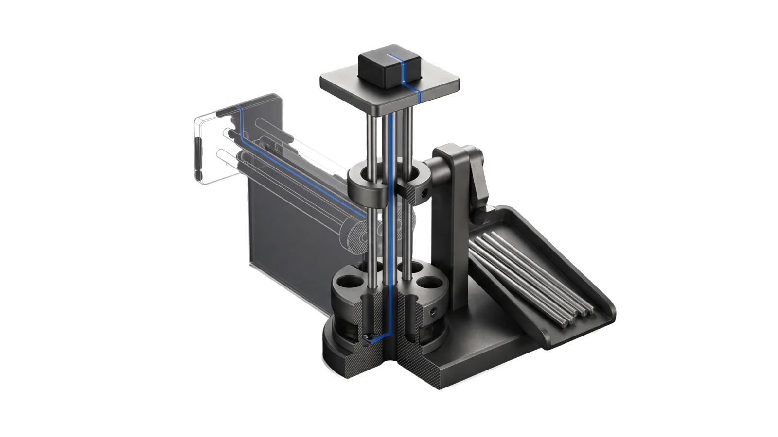 A bundle of thin rods in two clamp rings carrying a platform and a heavy cube weight, only three rods left standing and four others laid in a sloped scrap tray with empty sockets in the lower ring, the original full bundle drawn as ghosted bone-grey outline to the left, with an electric-blue line running up one remaining rod into the weight.