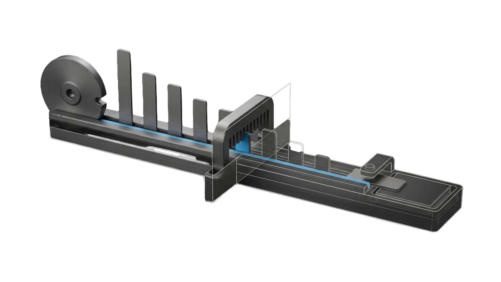 A long rail carrying a row of upright tabs of descending height beside a notched cam wheel at one end, a slotted comb gate across the rail, and past a diagonal cut a ghosted tray with a clip arm holding one lifted tab, with a sky-blue line running from the cam notch along the rail through the comb into the tray.