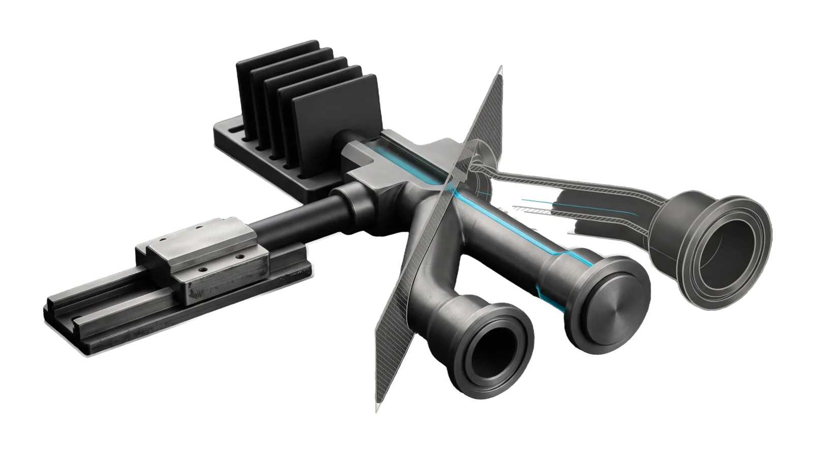 A short rail with a command carriage feeding a milled manifold that splits into three branch tubes ending in small, medium and large flanged sockets, with a plug seated in the medium one and a rack of flat tiles behind, cut diagonally so one branch is drawn as ghosted outlines, with a cyan line running from the carriage through the manifold into the plugged socket.