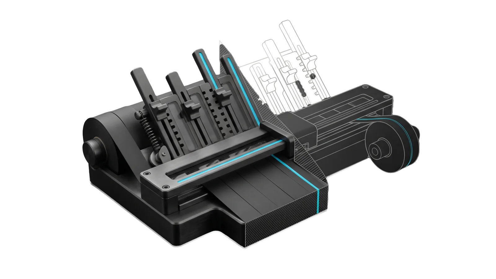 A milled base with a row of slotted slide levers at different heights and a punch carriage over a blank ceramic tape feeding a take-up roll, cut diagonally so the far levers and roll are drawn as ghosted outlines, with a cyan line running from one lever through the carriage and tape to the roll.
