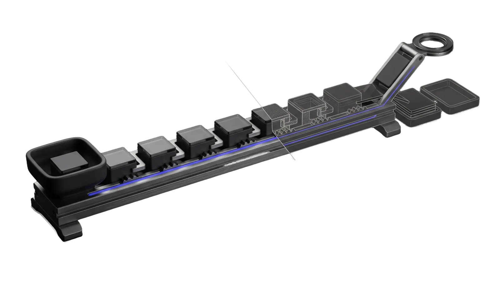 A long rail carries a chain of identical sealed blocks linked over a one-way ratchet, with an intake hopper at one end and a lifting arm with a ring terminal at the other; a thin diagonal cut turns the last blocks and a pair of spare trays into ghosted outline, and an indigo line runs the whole length of the rail.