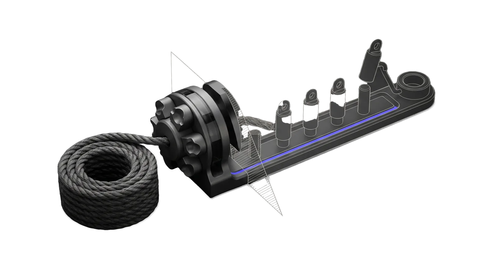 A coil of thick rope feeds a turret of forming dies cut by a diagonal section plane, behind which a rail carries a row of separate upright segments on pegs, one lifted on a hook toward a ring terminal, the far half of the rail ghosted in outline, with an indigo line running the rail.