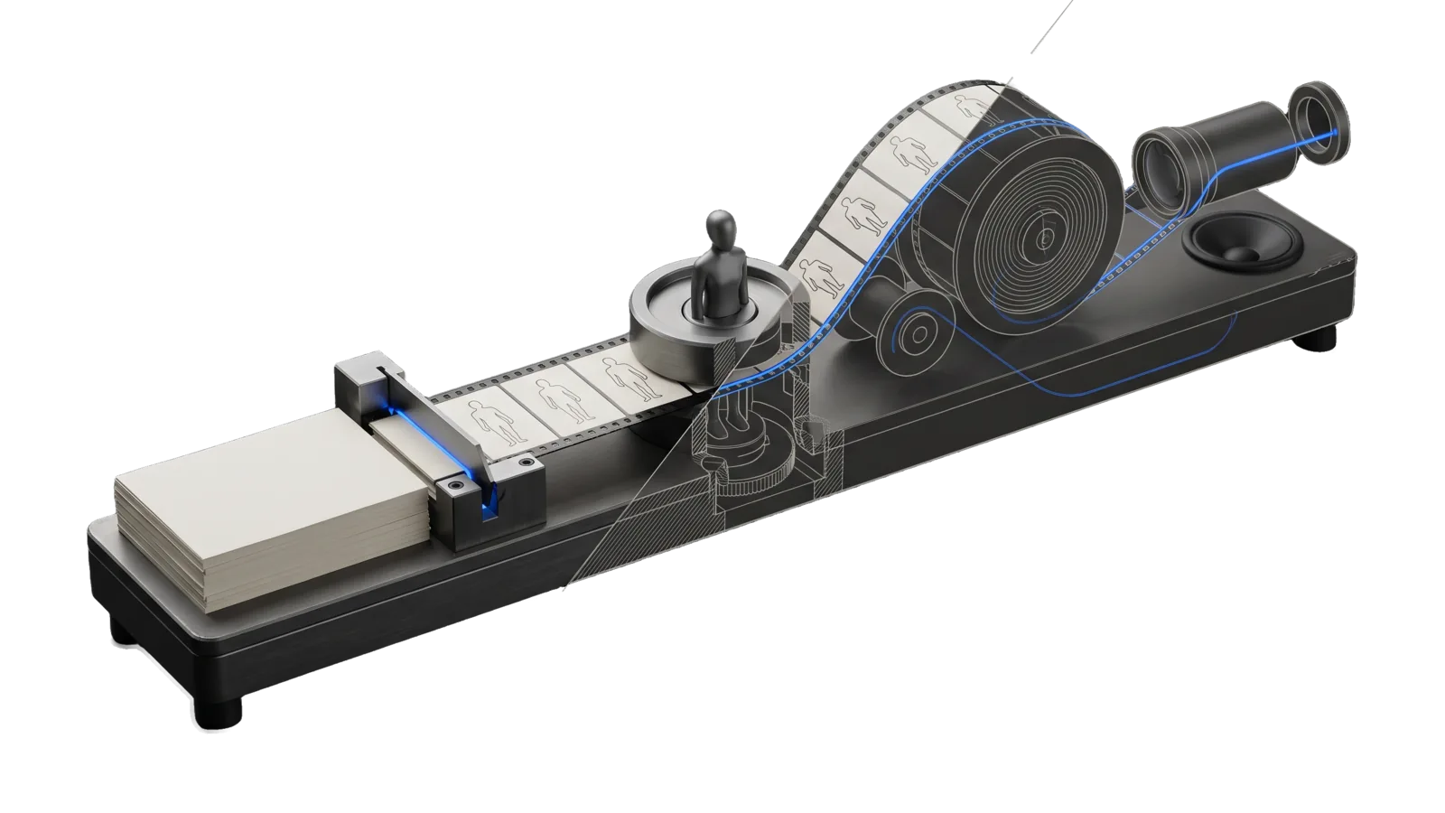A long machined bench with a stack of blank manuscript sheets beside a cutter, a turret holding a small faceless mannequin mould that presses the same figure outline into each slab, and a film strip curling in an S over two spools to a projection lens and a small speaker cone; a diagonal cut ghosts the second spool in bone-grey outline, and an electric-blue line runs from the cutter through the mould and along the strip to the lens.