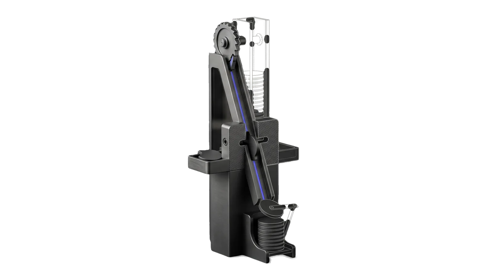 A tall column with a toothed ratchet wheel at the top dropping flat round discs down a chute through a notched gate block, a side shelf holding a rejected disc, and a neat stack of discs at the foot with a hinged arm, the lower chute drawn in bone-grey outline past a diagonal cut, and an indigo line running from the ratchet down the chute and through the notch into the stack.