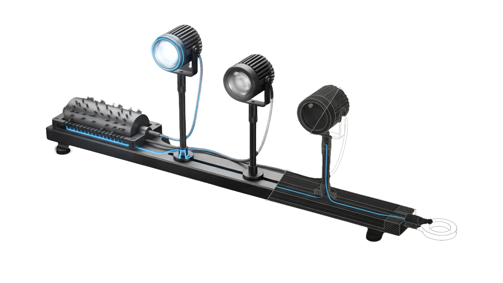 A low graphite rail carrying a pegged barrel drum at one end and three studio lamp heads of rising height, the tallest lit and the next dimmed, with thin cables from the drum to each lamp; a diagonal cut turns the last lamp and the end of the rail into bone-grey outline, and a sky-blue line runs from the drum through the cable to the lit lens and on to a ring terminal.