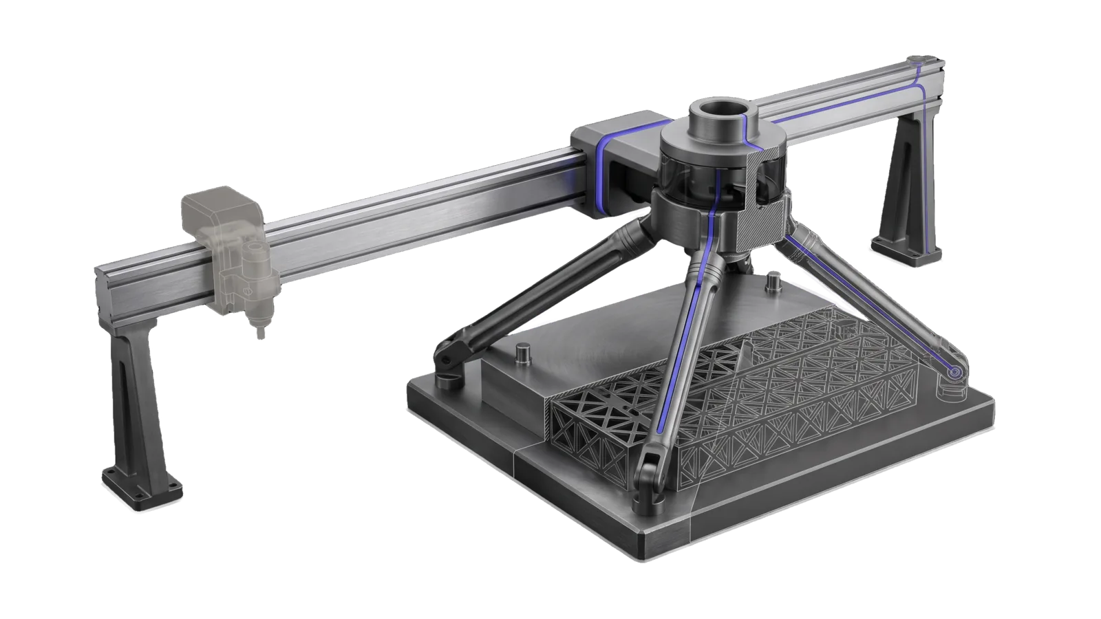 A long overhead rail on two posts with a small ghosted tool carriage parked at one end and a much larger multi-armed head docked over a lattice workpiece, its four long legs reaching the block's corners, with an indigo line running from the head's mount down the longest leg into the lattice and back along the rail.