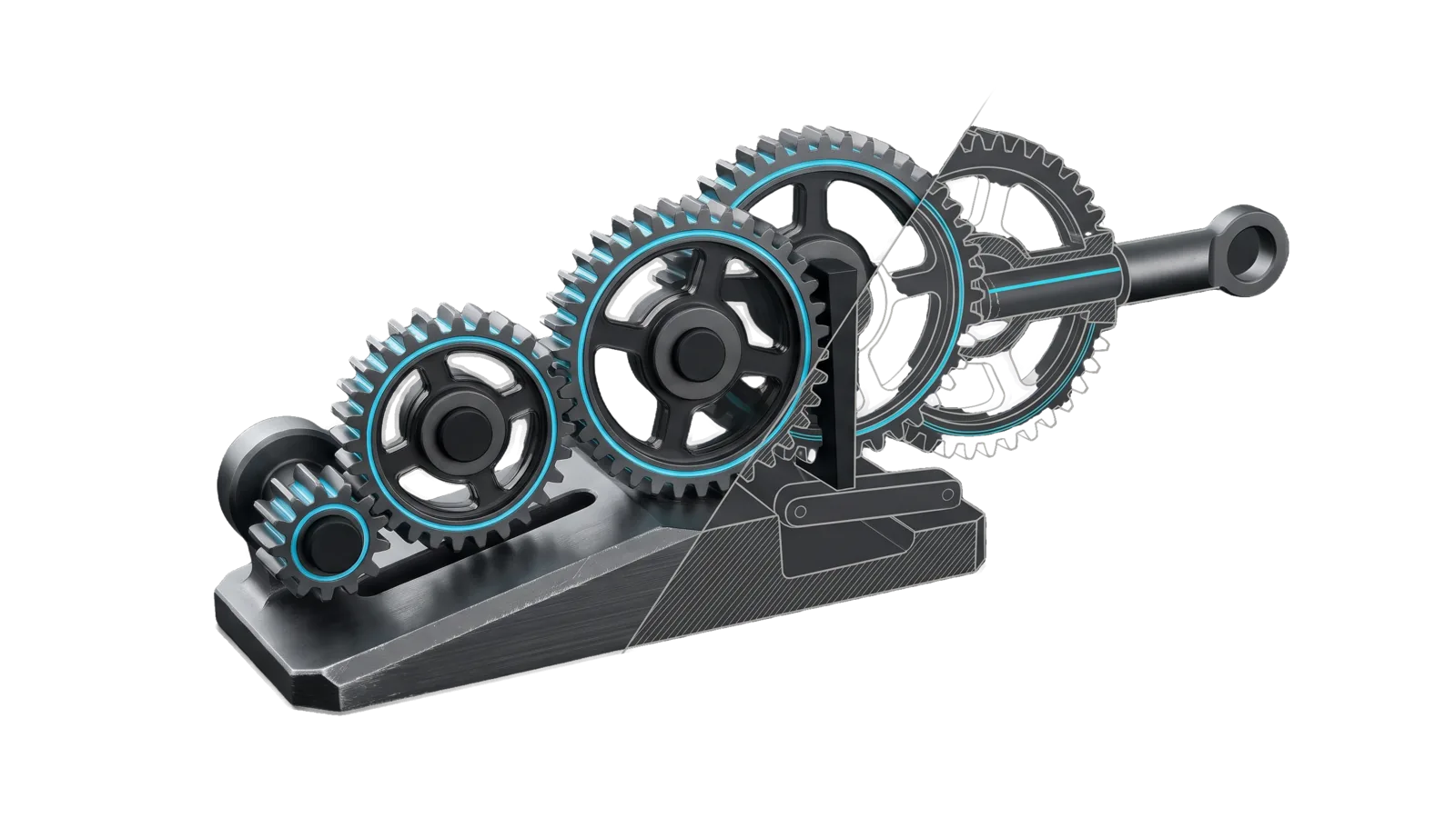 A rising wedge base carrying a chain of five gears of different sizes, with a twin pair of identical gears and a gap before the last gear that drives an output shaft ending in a ring, cut diagonally so the last gears are drawn as ghosted outlines, with a cyan line running along the meshed gear rims and out the shaft.