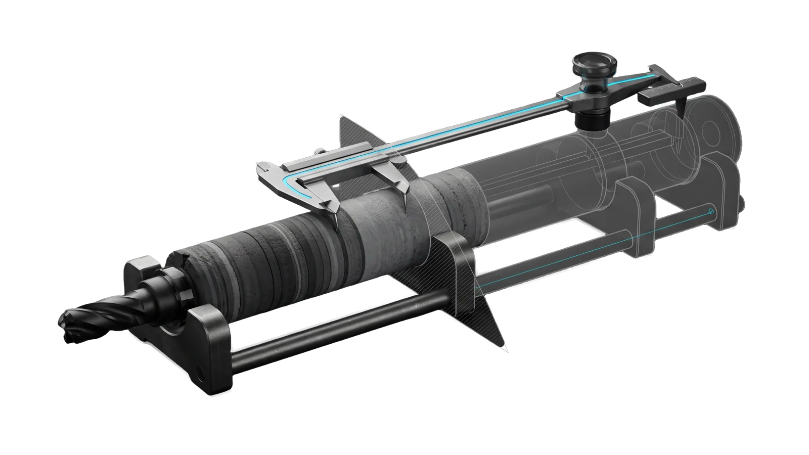 A long core sample of many thin strata lying in a two-saddle cradle with a drill bit at its near end; a two-armed caliper rests on a thin early layer and a thick later one with a cyan line running along its bar, and the far half of the core and cradle is drawn as ghosted outline past a diagonal cut.