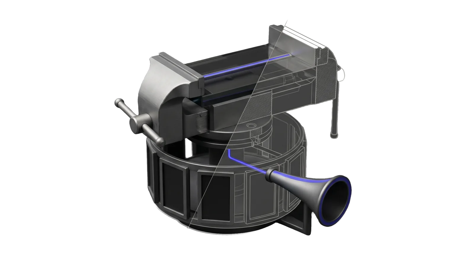 A bench vice whose opposed jaws grip a thick slab with a thin rod through it, stacked above a rotating drum ringed with six picture frames and a flared horn pointing at it; a diagonal cut turns the far half of the vice and drum into bone-grey outline, and an indigo line runs from the rod through the slab down into the drum and out along the horn to its ring.