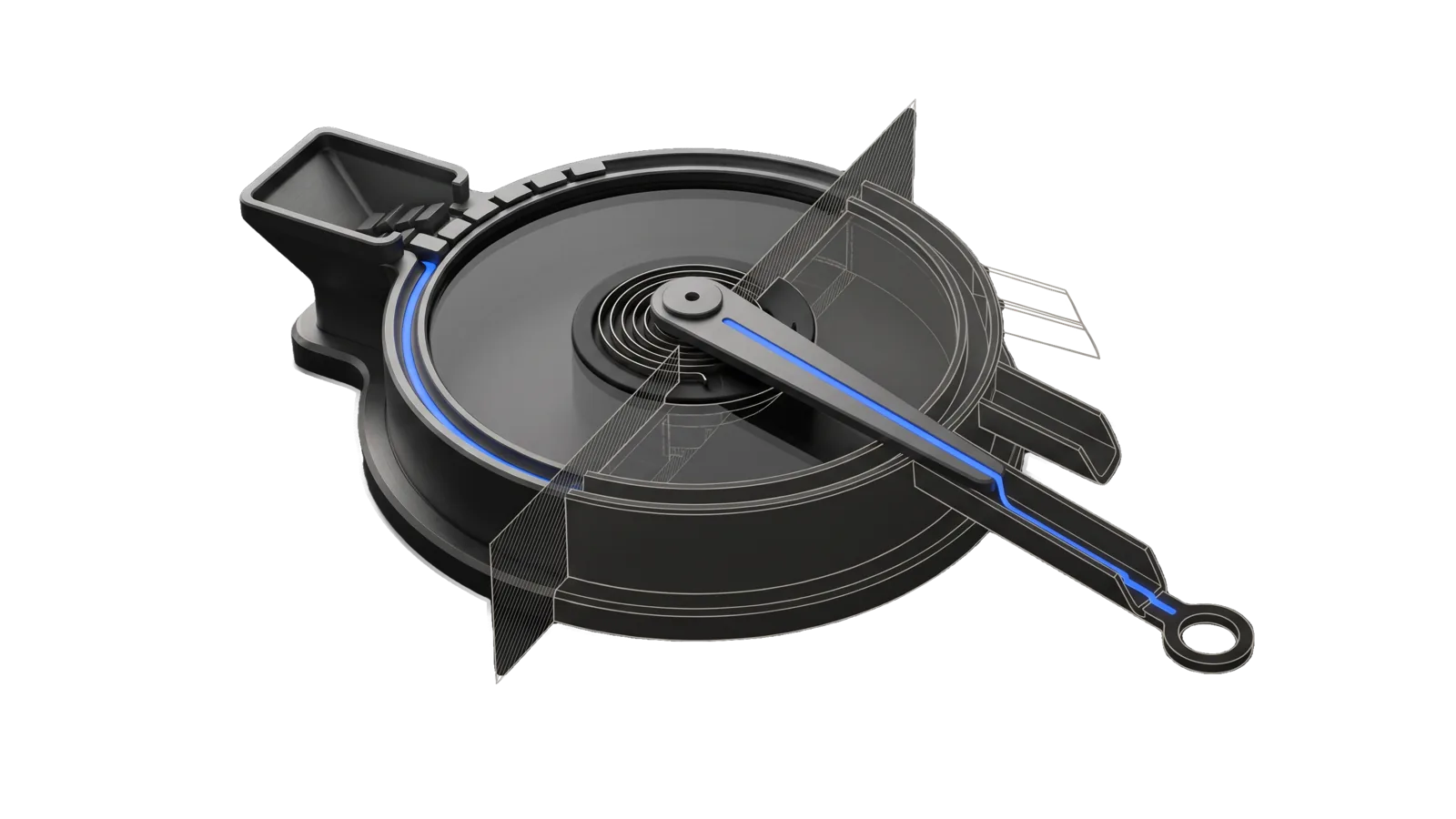 A squat round drum with an intake hopper and a single sweeping arm pivoting at its centre, with three exit chutes of different lengths leaving its far side, cut diagonally so the chutes and far half of the drum are drawn as ghosted outlines, with one electric-blue line running from the hopper along the drum rim and arm into a ring terminal.