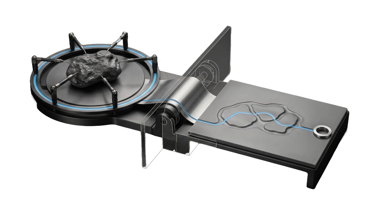 A rough lumpy specimen on a round turntable, ringed by six probe arms, with a ribbon unrolling over a roller into a flat bench where its outline is pressed in raised relief; a glass section pane cuts the roller, and a sky-blue line runs from the hoop across the ribbon to a ring at the sheet's edge.