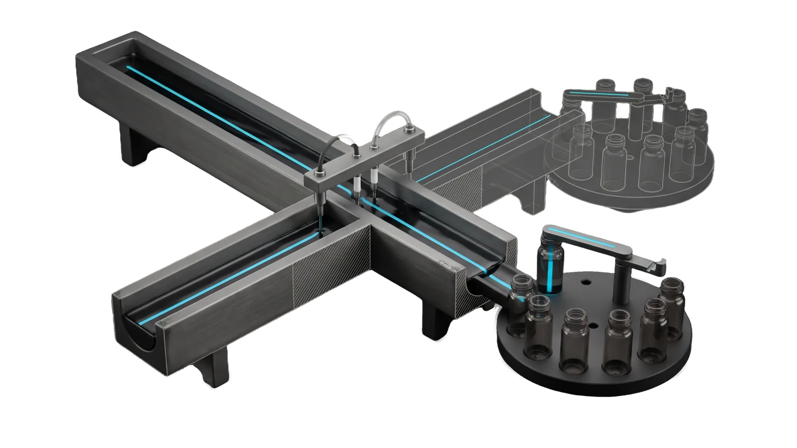 A long open flume trough carrying a stream under a bridge with two thin sampling probes, a second trough branch and its round carousel drawn in bone-grey outline, and in front a round carousel of small vials with one vial lifted on a swing arm, with cyan lines running along the stream and into the lifted vial.