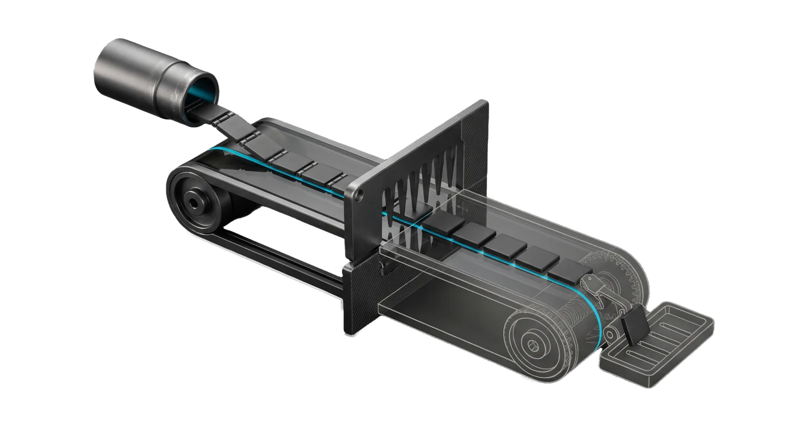 A diagonal conveyor carrying small tiles from a launcher tube under a toothed comb, a diagonal cut turning the far belt, a spring clip arm and a slotted cradle tray into bone-grey outline, with a cyan line running from the launcher along the belt, under the comb and into the cradle.
